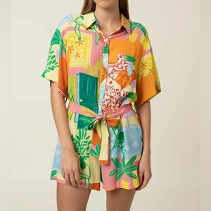 FRNCH Multicolor Tropical Print Short-Sleeve Jumpsuit Romper